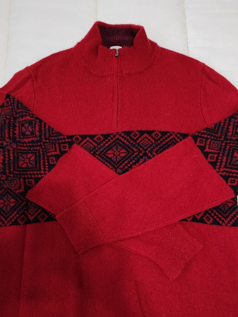 Joseph Abboud Red Zip-Up Sweater with Black Geometric Band.